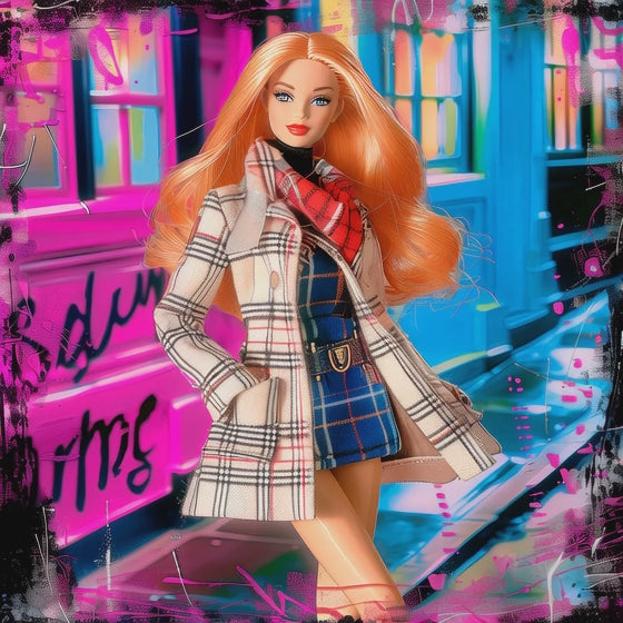 Video of Barbie with long orange hair and wearing a plaid trench coat and dress, against graffiti textures. Soho-doll, Graphique Addictions