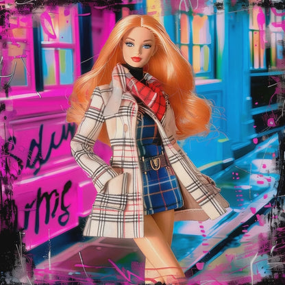 Video of Barbie with long orange hair and wearing a plaid trench coat and dress, against graffiti textures. Soho-doll, Graphique Addictions