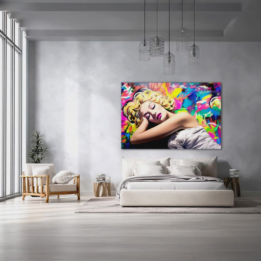video of an Abstract graffiti portrait of Marilyn Monroe in a white dress against a colorful street art background. Painted Silence-Graphique Addictions.