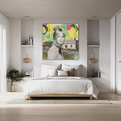 video of Bardot at the Cottage bedroom mockup featuring Brigitte Bardot in front of an Irish cottage, wearing polka-dot attire, set against a vibrant pop-art collage with bright yellow, green, and red accents. Graphique Addictions.