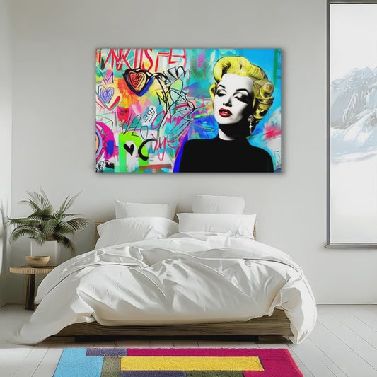 bedroom mockup of Marilyn Monroe pop art graffiti portrait with colorful street art textures. Marilyn Graffiti Warhol Remix-Graphique Addictions.