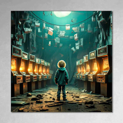 Art print of little boy standing in an abandoned arcade with broken machines and scattered debris. Forgotten Arcade Room-Graphique Addictions.