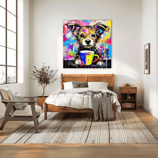 Bedroom wall decor of a puppy holding a cup of coffee with colorful paint splatters. Puppuccino Picasso-Graphique Addictions.