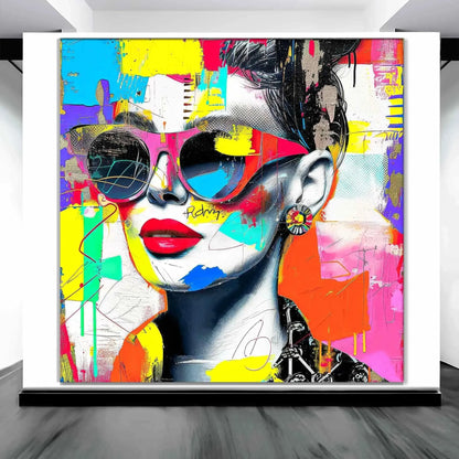 Art gallery display of a portrait of a woman wearing sunglasses, red lips, and a bold earring against colorful abstract strokes, textures, and graffiti-inspired elements. Shades of CompositionsGraphique Addictions