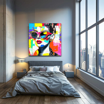 Bedroom wall decor portrait of a woman wearing sunglasses, red lips, and a bold earring against colorful abstract strokes, textures, and graffiti-inspired elements. Shades of Compositions-Graphique Addictions