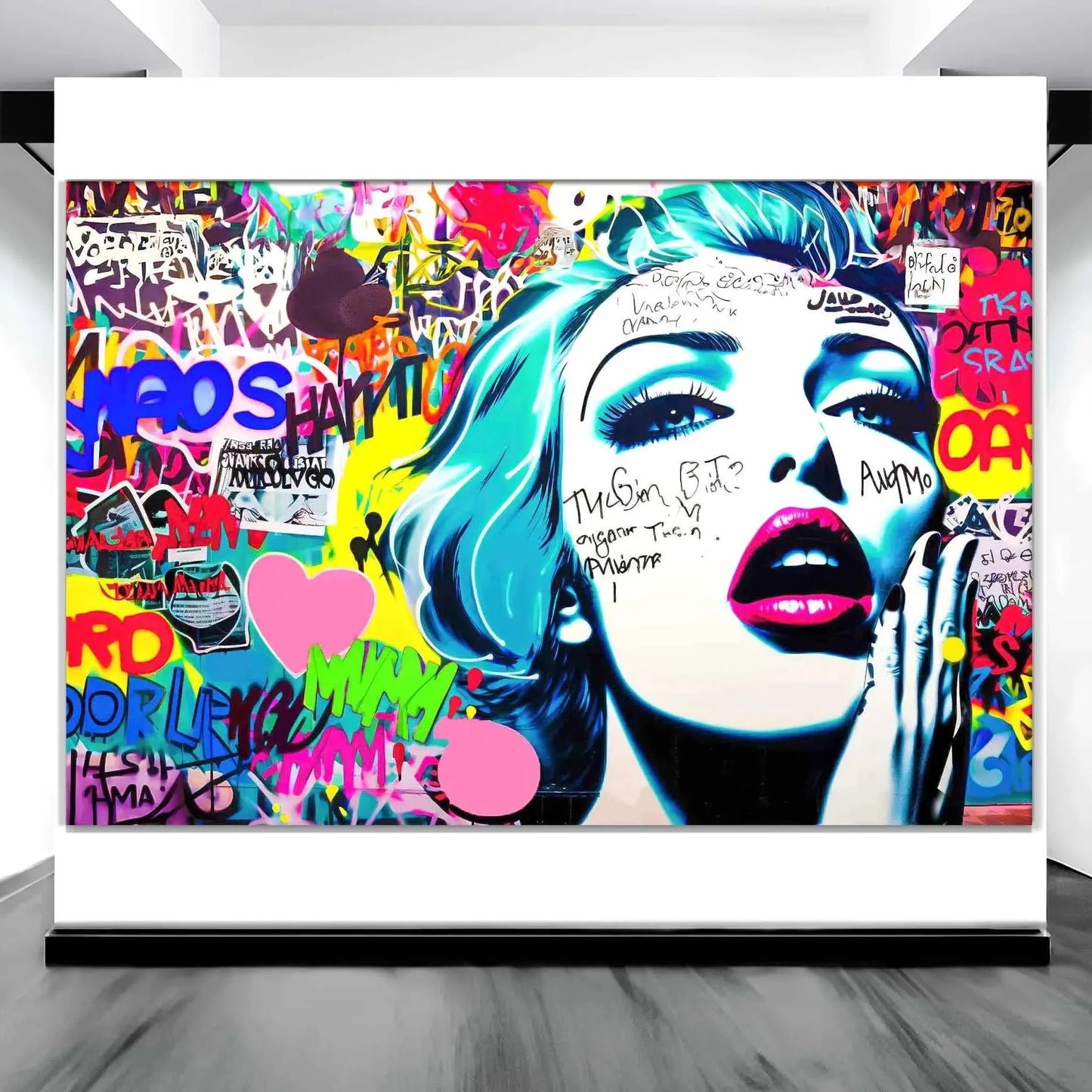 A cartoon woman with her hand on her mouth surrounded by large pink hearts and background of bright colors and patterns. Art gallery display, Shouts in Spectrum-Graphique Addictions