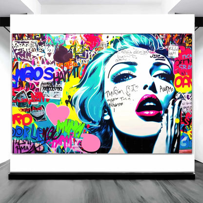 A cartoon woman with her hand on her mouth surrounded by large pink hearts and background of bright colors and patterns. Art gallery display, Shouts in Spectrum-Graphique Addictions