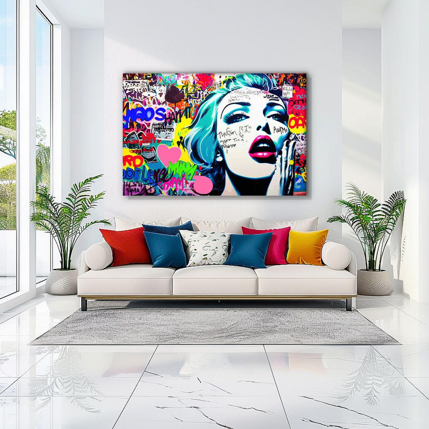 Living room wall decor cartoon woman with her hand on her mouth surrounded by large pink hearts and background of bright colors and patterns. Shouts in Spectrum-Graphique Addictions