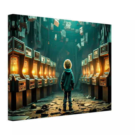 Canvas print of little boy standing in an abandoned arcade with broken machines and scattered debris. Forgotten Arcade Room-Graphique Addictions.