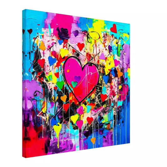 Canvas print of large pink heart surrounded by smaller hearts and paint splashes, aluminum print. Abstract Heart Splatters, Graphique Addictions.