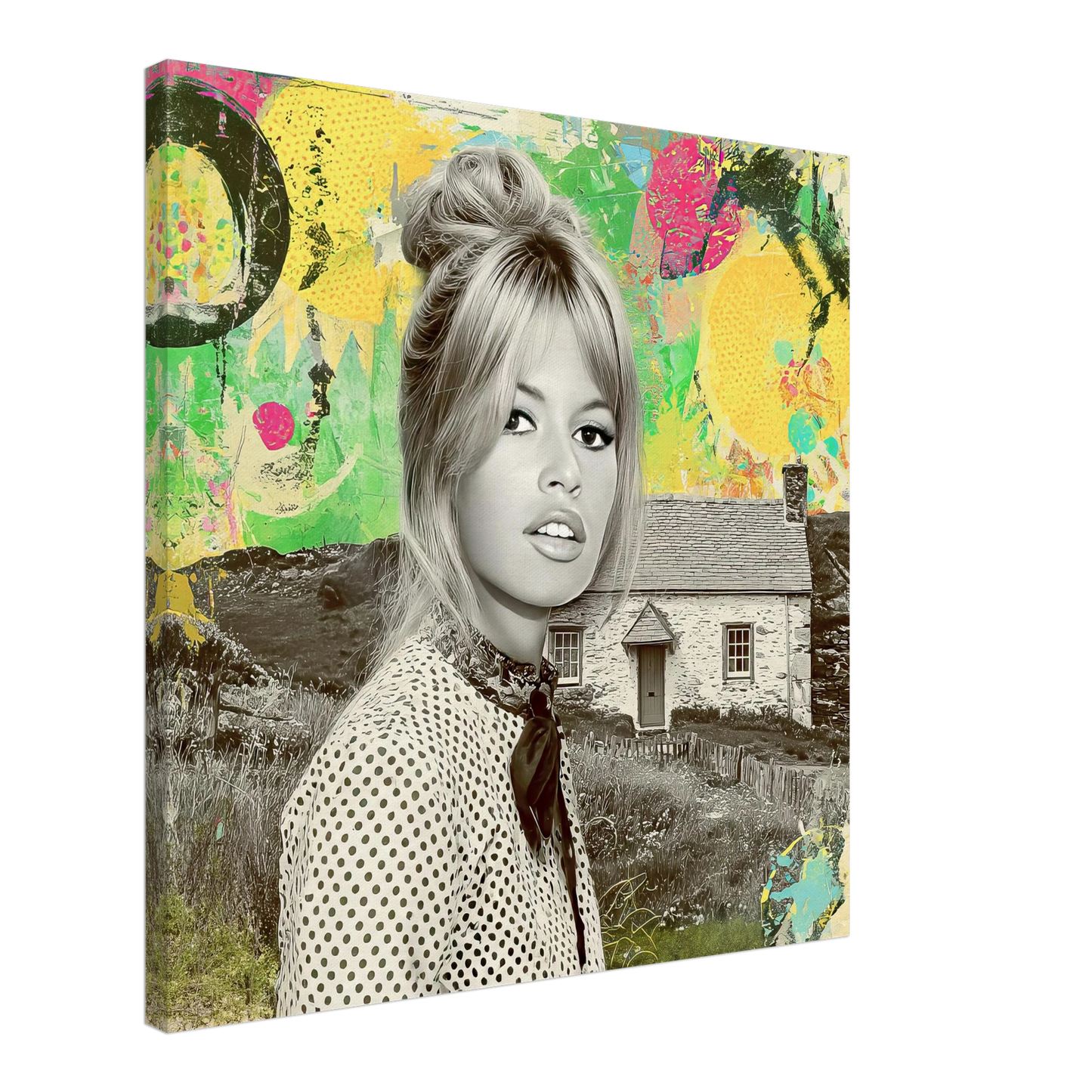 Bardot at the Cottage canvas print featuring Brigitte Bardot in front of an Irish cottage, wearing polka-dot attire, set against a vibrant pop-art collage with bright yellow, green, and red accents. Graphique Addictions.