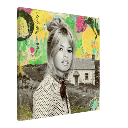 Bardot at the Cottage canvas print featuring Brigitte Bardot in front of an Irish cottage, wearing polka-dot attire, set against a vibrant pop-art collage with bright yellow, green, and red accents. Graphique Addictions.