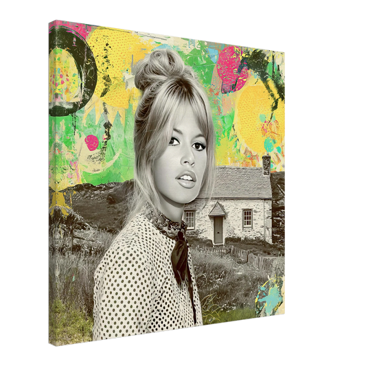 Bardot at the Cottage canvas print featuring Brigitte Bardot in front of an Irish cottage, wearing polka-dot attire, set against a vibrant pop-art collage with bright yellow, green, and red accents. Graphique Addictions.