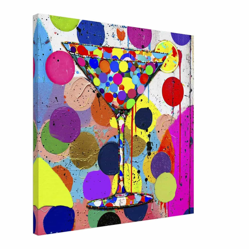 Canvas art print of a multi-colored polka-dotted martini glass and colorful dots in the background. Titled: Dotted Martini Delight-Graphique Addictions.