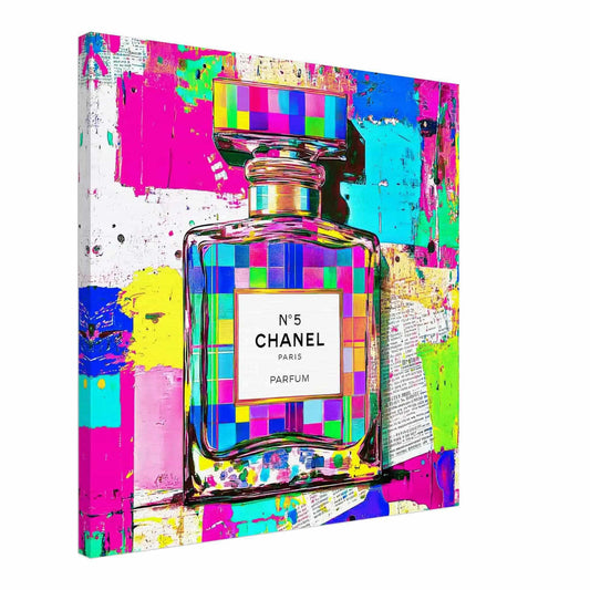 Slim Canvas print of Chanel No. 5 perfume bottle with colorful, neon abstract and graffiti paint splashes. Graphique Addictions.