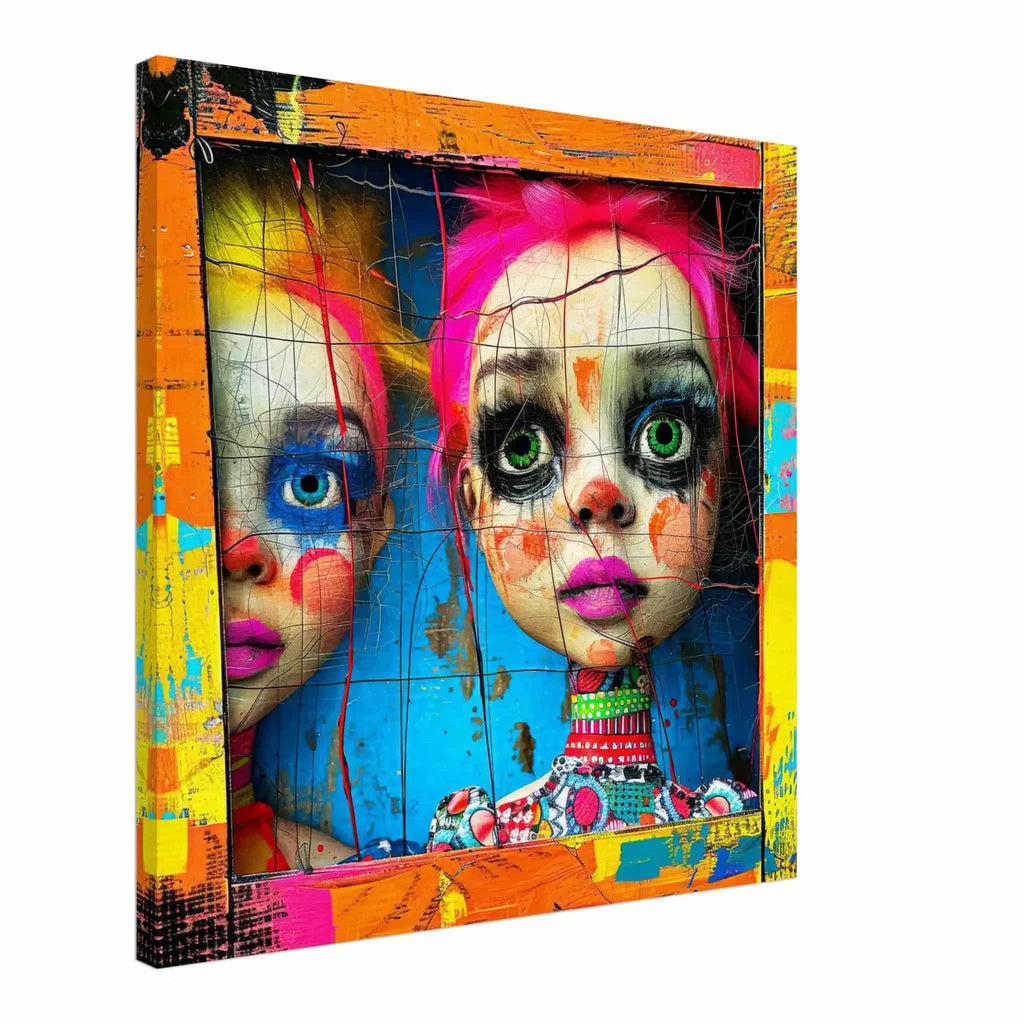Slim Canvas of two porcelain dolls looking out a colorful wooden window. Abstract Dollhouse-Graphique Addictions.