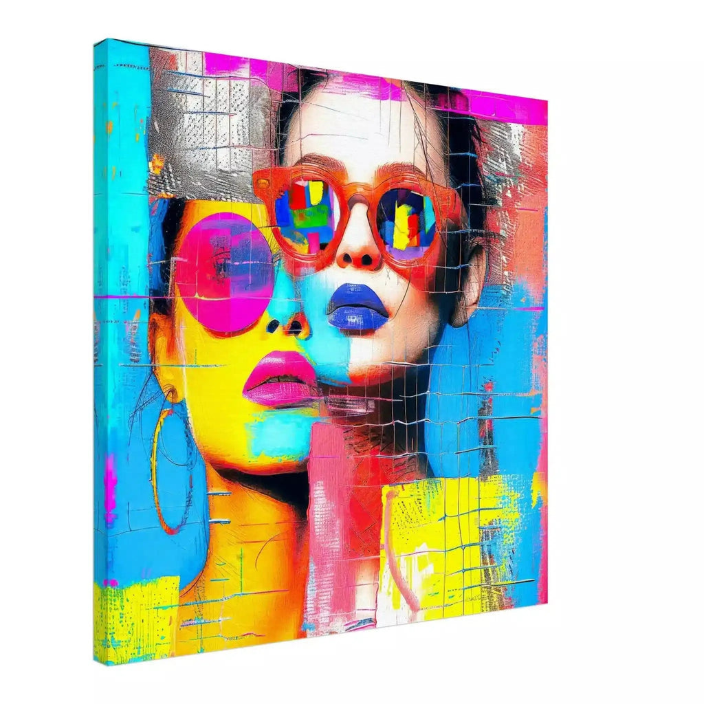 Canvas print of colorful geometric art collage of woman with sunglasses. Abstract Duo-Graphique Addictions.