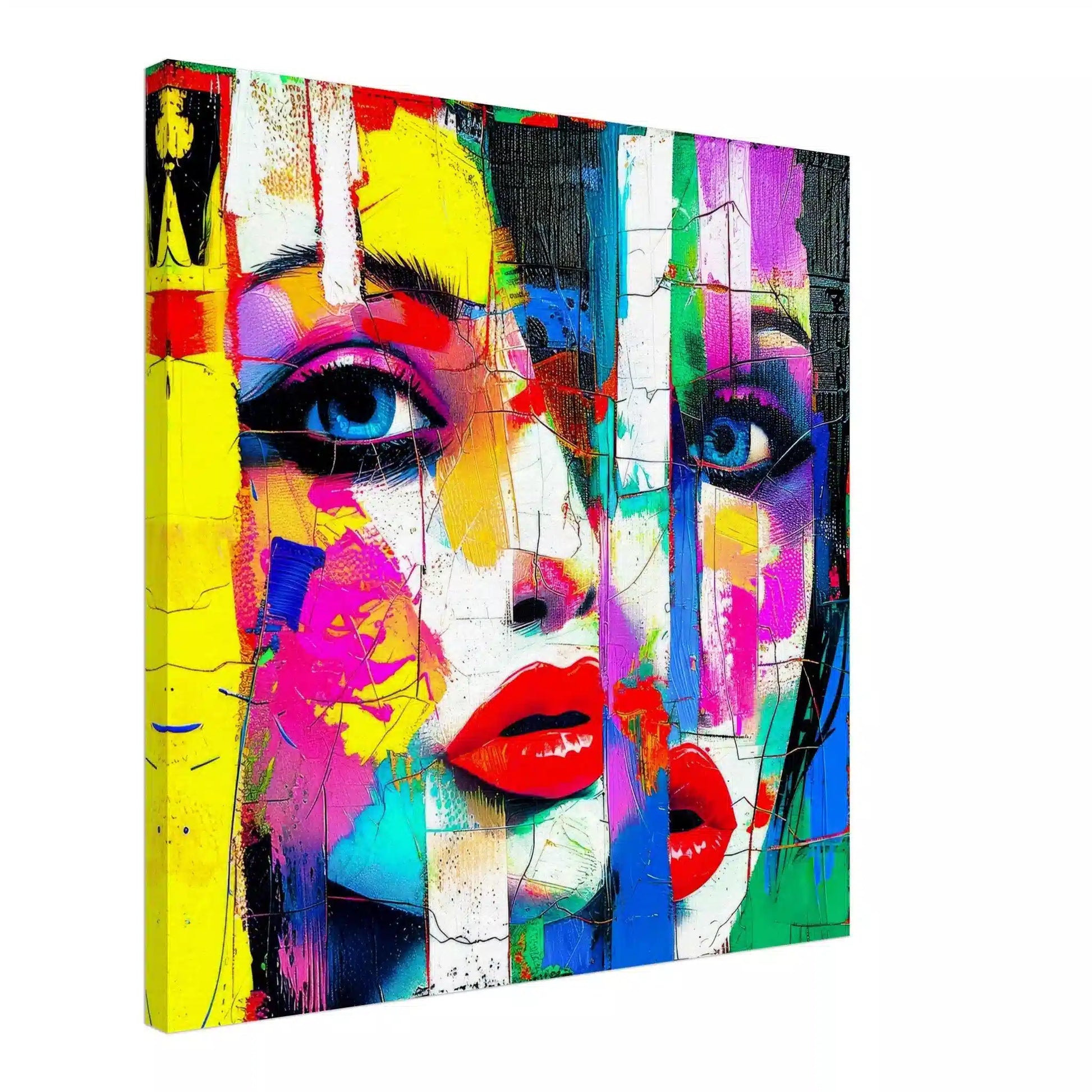 Canvas print of woman's face composed of geometric shapes in vibrant colors, aluminum print. Abstract-Femme, Graphique Addictions.