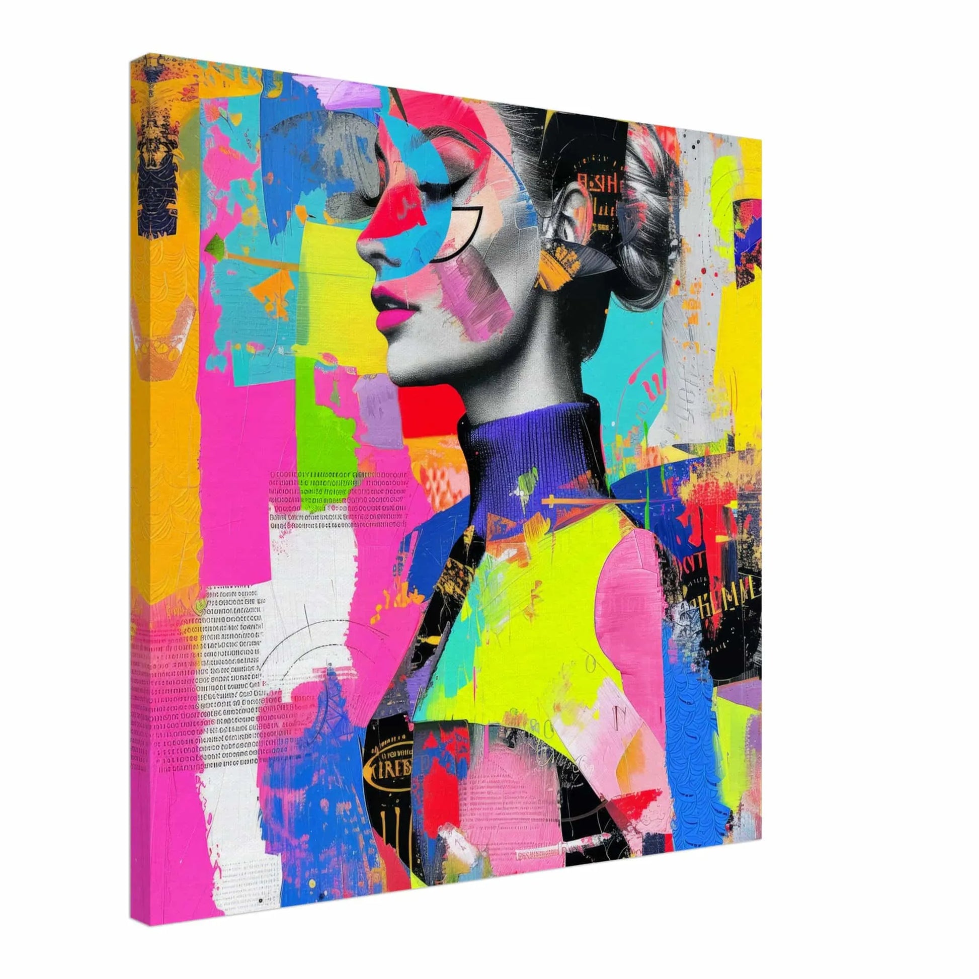 Abstract Radiance: Canvas collage of neon colored geometric shapes of woman wearing a colorful abstract turtleneck-Graphique Addictions.