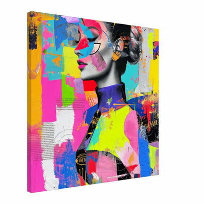 Abstract Radiance: Canvas collage of neon colored geometric shapes of woman wearing a colorful abstract turtleneck-Graphique Addictions.