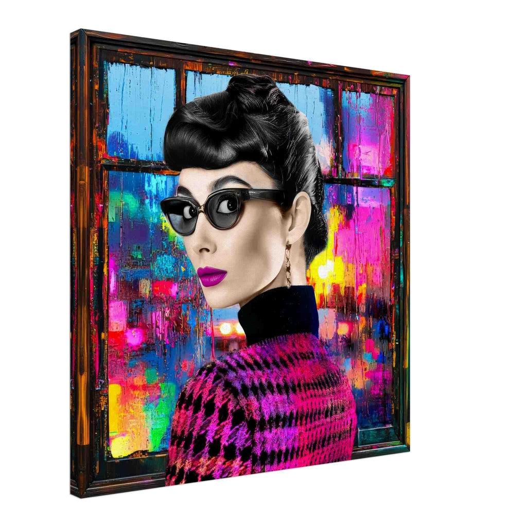 Audrey Hepburn wearing sunglasses and a houndstooth sweater against a window with psychedelic abstract reflections and bold colors, canvas print. Audrey's Cyber Reflections-Graphique Addictions.