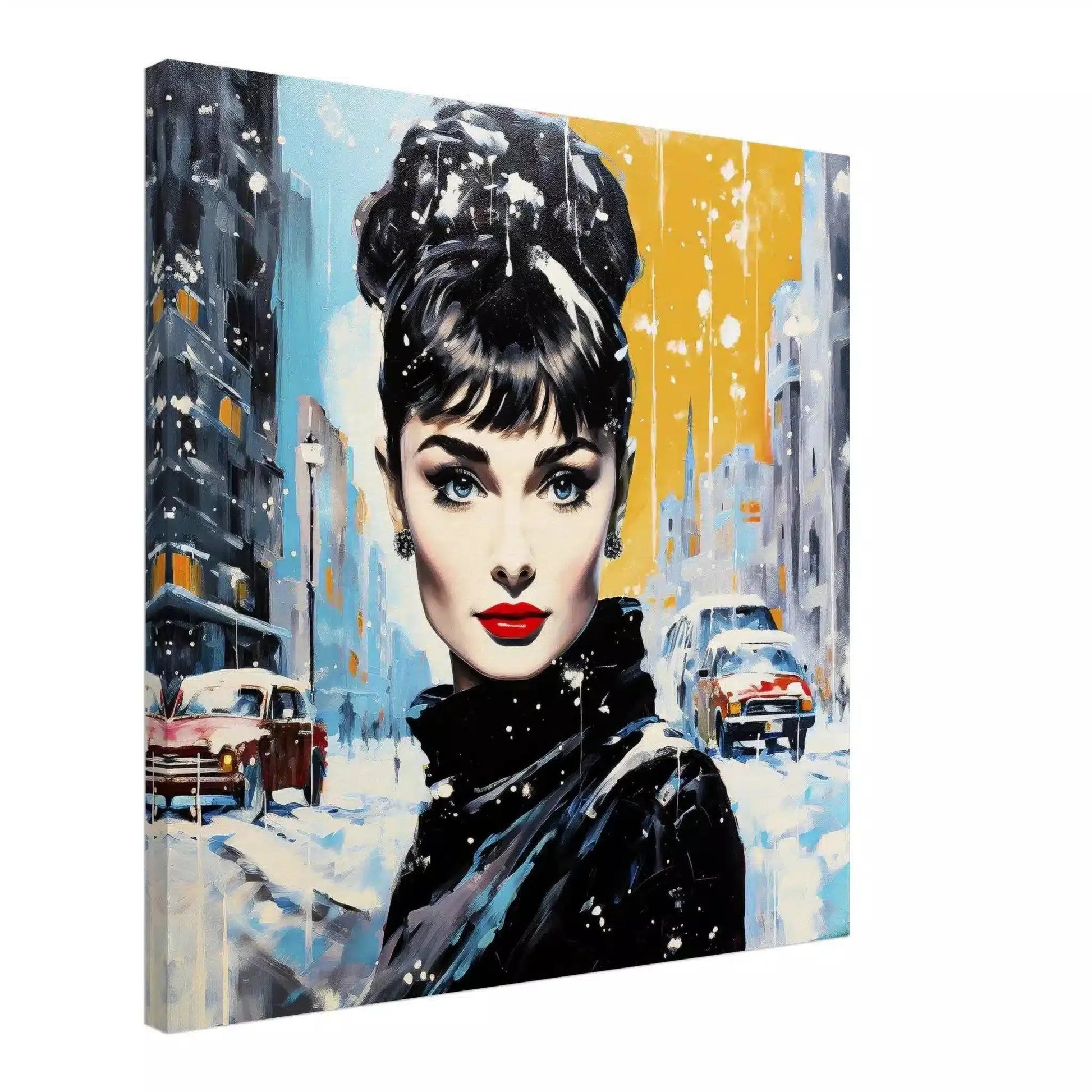 Frosty Elegance: Slim canvas portrait of Audrey Hepburn standing on a snowy city street with vintage cars-Graphique Addictions-Graphique Addictions.