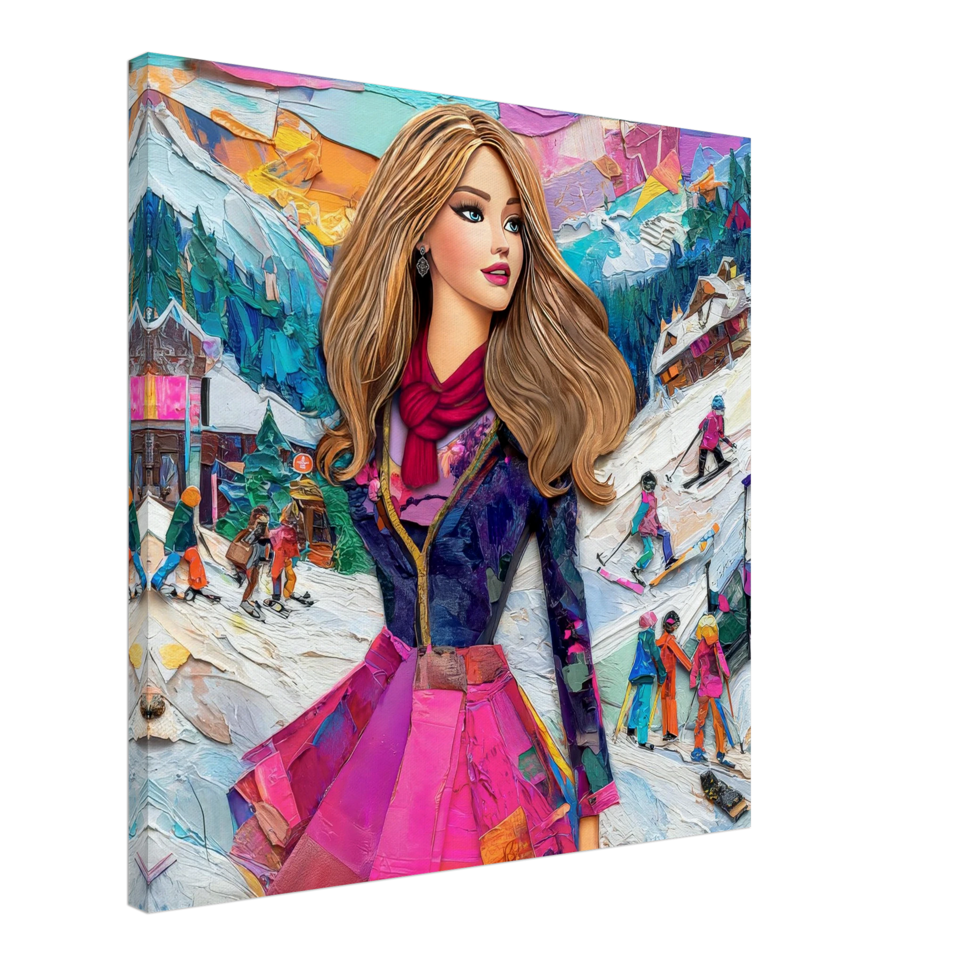 slim canvas print of long-haired fashion doll in an elegant winter outfit and colorful scarf, standing on snowy ski slopes with skiers and snowboarders in the background. Graphique Addictions-Chic Doll Winter Escape.