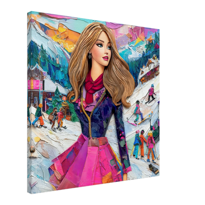 slim canvas print of long-haired fashion doll in an elegant winter outfit and colorful scarf, standing on snowy ski slopes with skiers and snowboarders in the background. Graphique Addictions-Chic Doll Winter Escape.