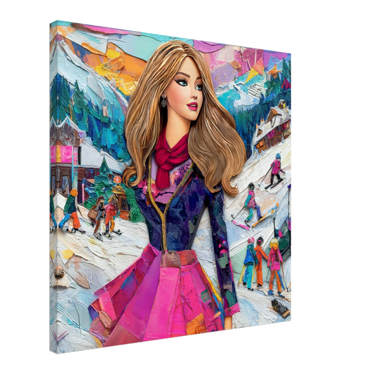 slim canvas print of long-haired fashion doll in an elegant winter outfit and colorful scarf, standing on snowy ski slopes with skiers and snowboarders in the background. Graphique Addictions-Chic Doll Winter Escape.