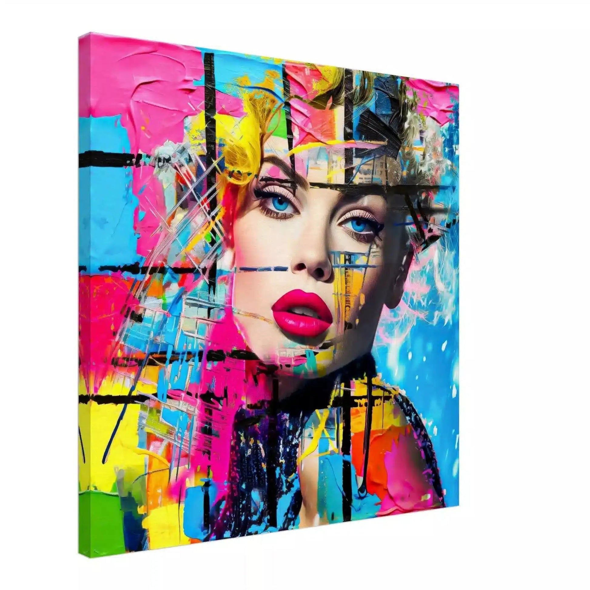 Chroma Blended Fusion: Canvas abstract portrait of a woman surrounded by neon geometric shapes and glitch effects-Graphique Addictions.