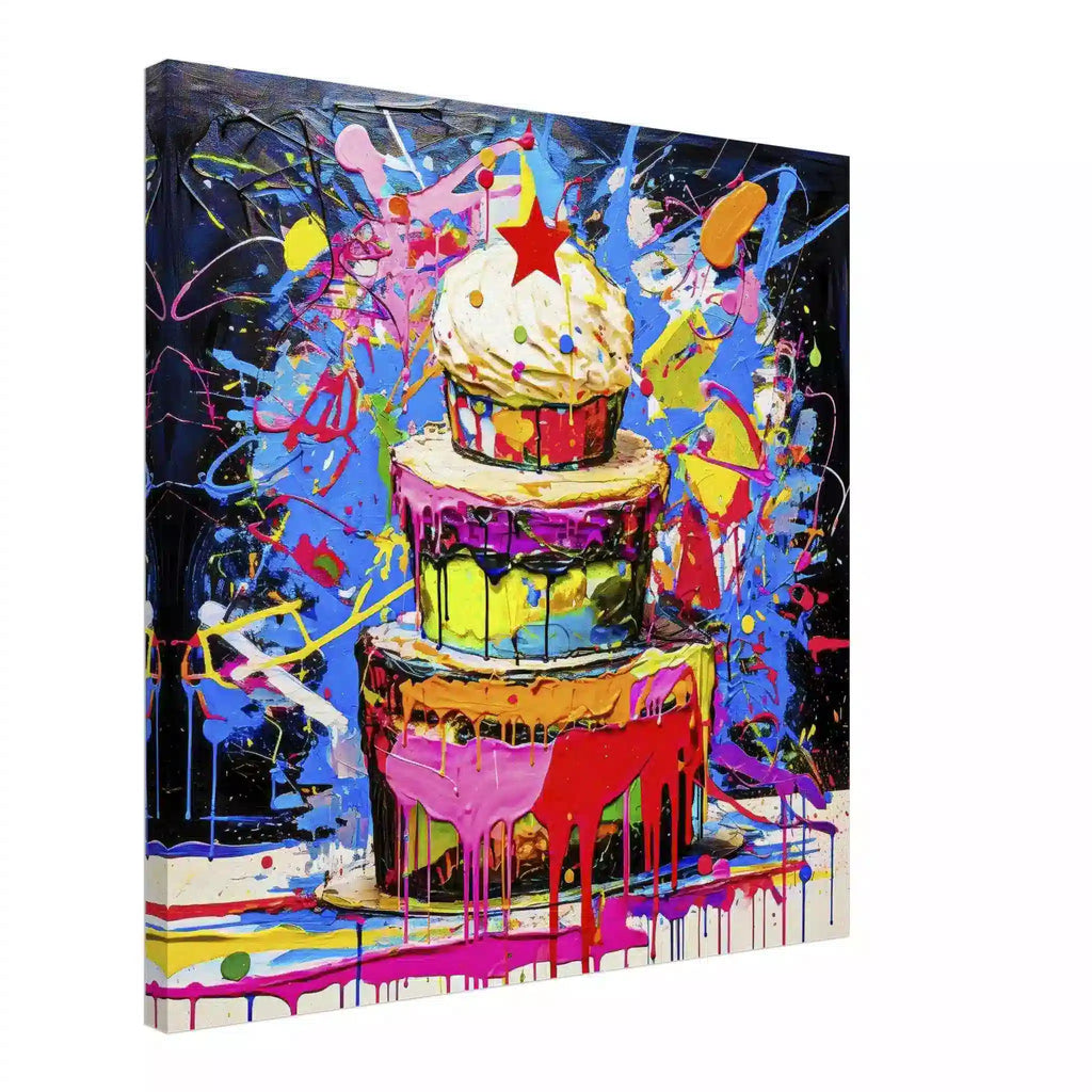 Chromatic Cake Confection: Canvas of Multi-tiered birthday cake with colorful frosting dripping down its sides, neon paint splashes. Graphique Addictions.
