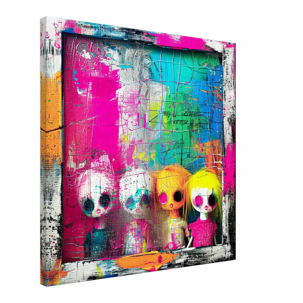 Canvas art print featuring kawaii dolls in a window with neon colors and paint splashes titled Dollhouse Surrealism-Graphique Addictions.