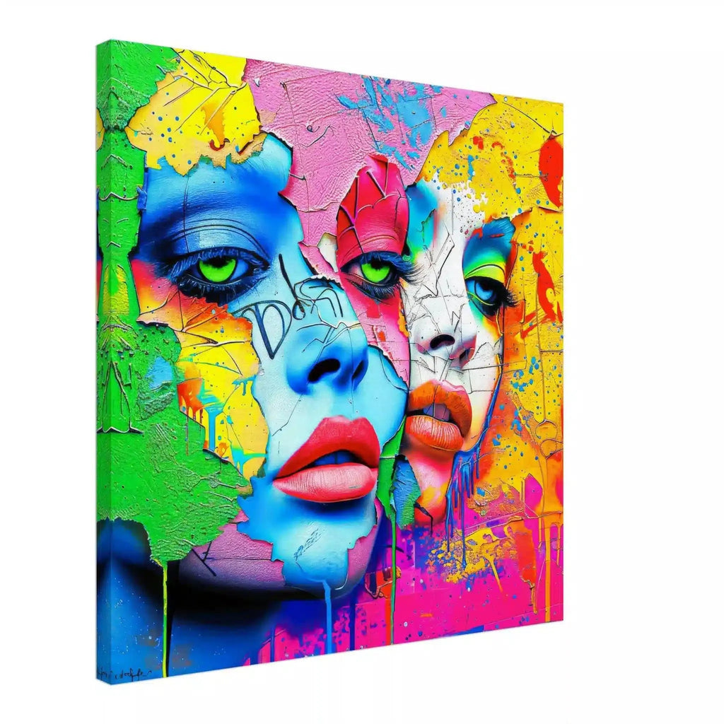 Canvas art print of 2 women's multi-colored porcelain faces that blend into a colorful painted background. Titled: Dual Pop Persona-Graphique Addictions. 