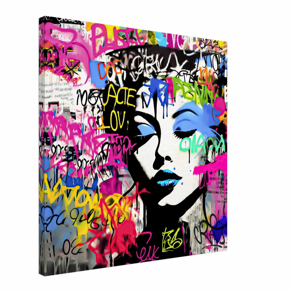 canvas graffiti art print close-up of a woman’s face with her eyes closed wearing blue lipstick and eyeshadow surrounded by colorful graffiti text. 