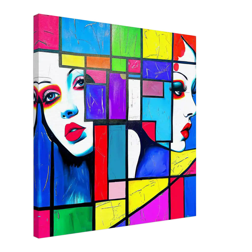 Abstract canvas art print of two women's faces, created with vibrant multi-colored geometric shapes. Geometric Cubism Chics-Graphique Addictions.