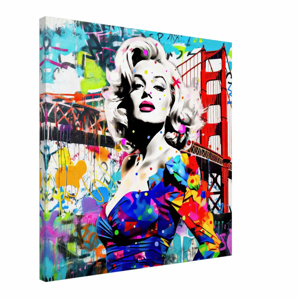 Canvas art print featuring Marilyn Monroe in a colorful blue dress, standing in front of the Golden Gate Bridge, made of colorful graffiti and paint splashes.Titled: Golden Gate Graffiti-Graphique Addictions