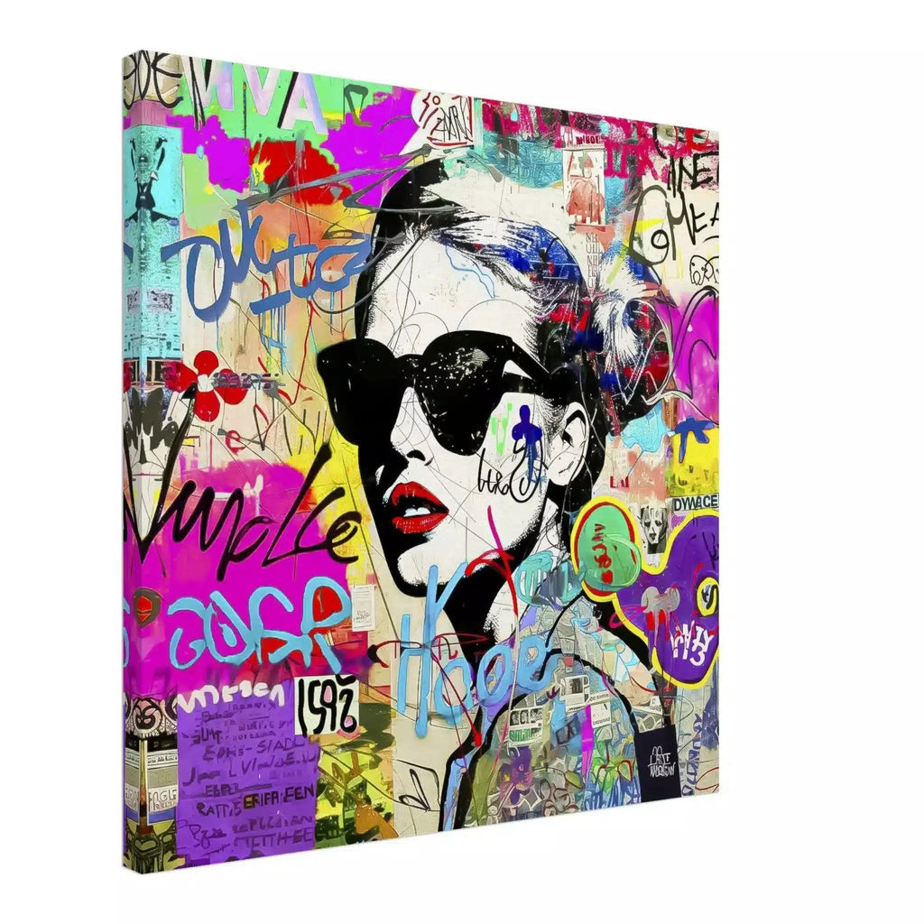 Graffiti art print of a woman wearing sunglasses with tattoes on her body and face. Surrounded by street-style stickers, labels, numbers, letters, and symbols in vibrant colors. Titled: Graffiti Chic Chronicles-Graphique Addictions.