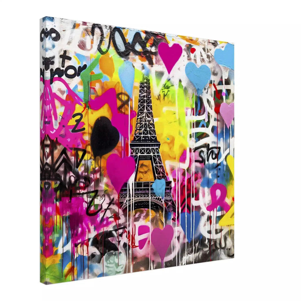 Canvas graffiti art print of the Eiffel Tower with colorful splashes, drips, and bold hearts in bright pink, blue, yellow, orange, and black-and-white. Title: Graffiti Paris-Graphique Addictions.