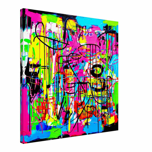 Canvas print abstract painting of bold, neon colors in pink, blue, green, yellow, orange, black, and white, graffiti-style brushstrokes and splashes. Liquid Chaos-Graphique Addictions.