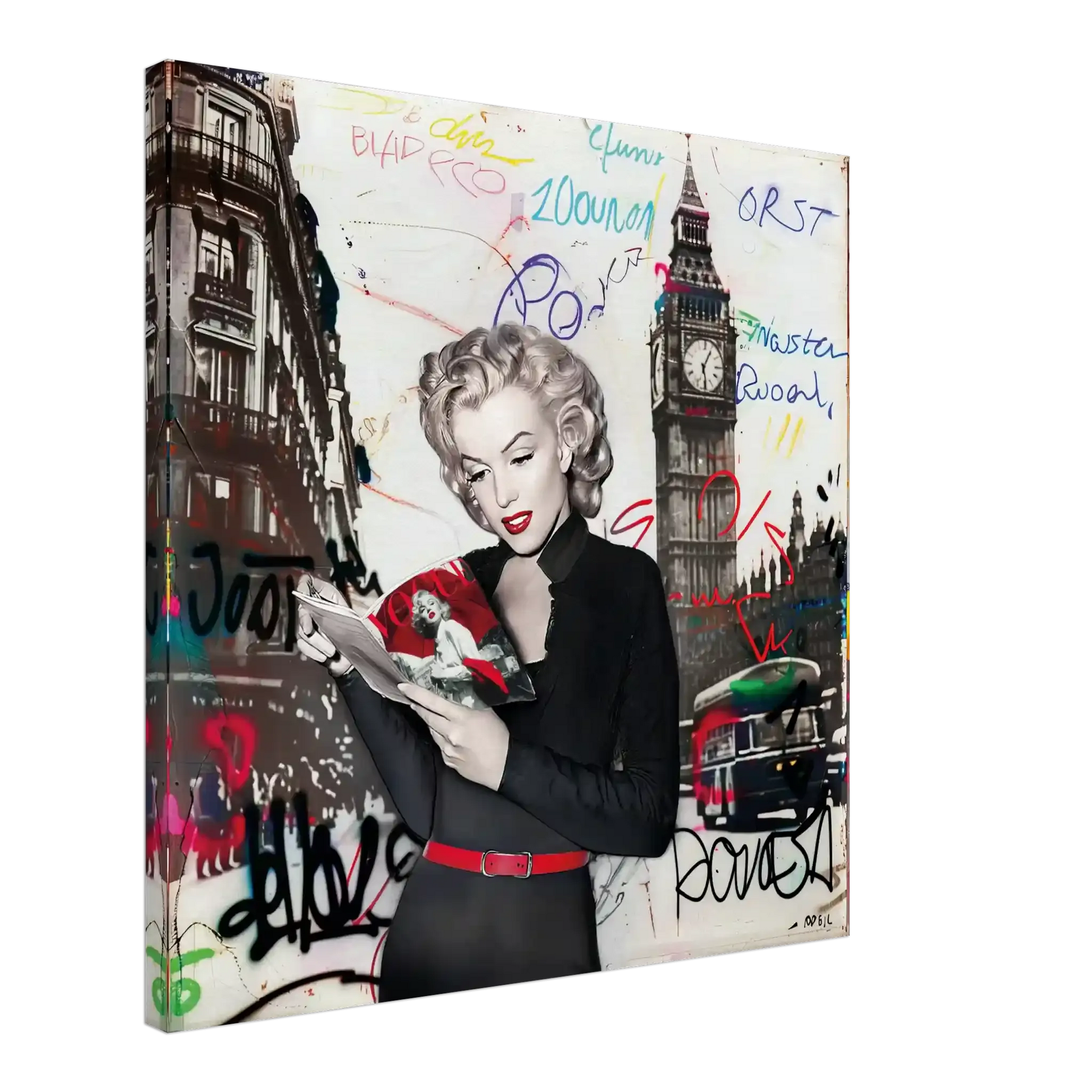 Black and white art of Marilyn Monroe in London with vibrant red lips, Big Ben behind her, and colorful graffiti. Marilyn in London - Canvas Print-Graphique Addictions.