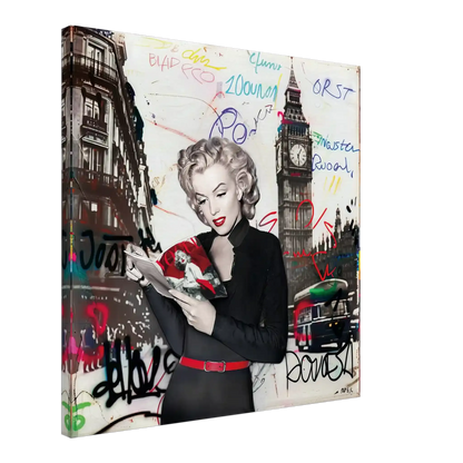 Black and white art of Marilyn Monroe in London with vibrant red lips, Big Ben behind her, and colorful graffiti. Marilyn in London - Canvas Print-Graphique Addictions.