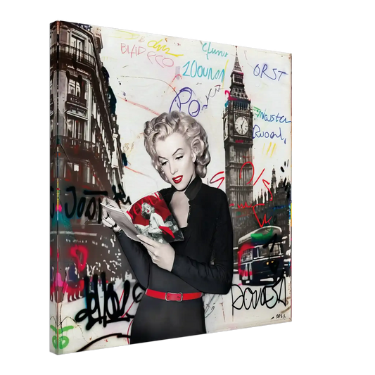 Black and white art of Marilyn Monroe in London with vibrant red lips, Big Ben behind her, and colorful graffiti. Marilyn in London - Canvas Print-Graphique Addictions.
