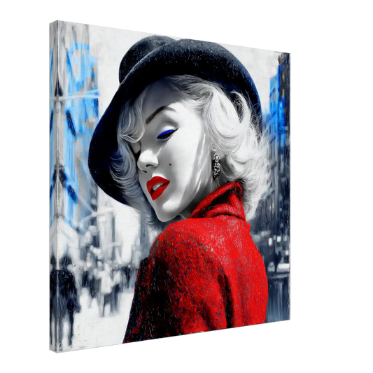 Slim Canvas of Marilyn Monroe in a red coat and black hat, with red lipstick and blue eyeliner, set against a grayscale New York City street. Marilyn on Fifth Ave, Graphique Addictions.