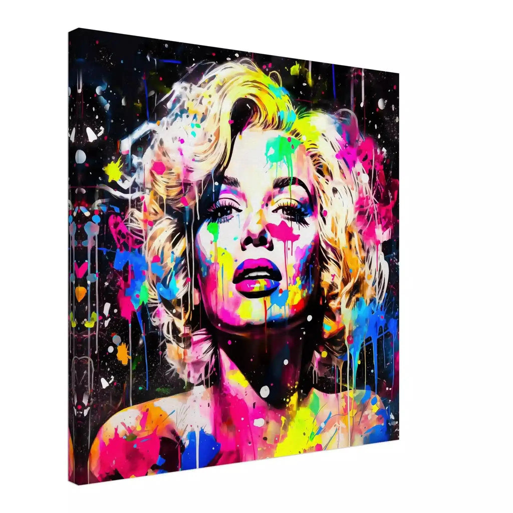 Canvas print of Marilyn Monroe's face splattered with colorful paint. Marilyn's Splatter-Sensation-Graphique Addictions.
