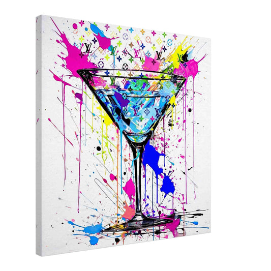 Martini glass with colorful Louis Vuitton-inspired patterns, graffiti and paint drips, slim canvas print. Monogrammed Martini-Graphique Addictions.