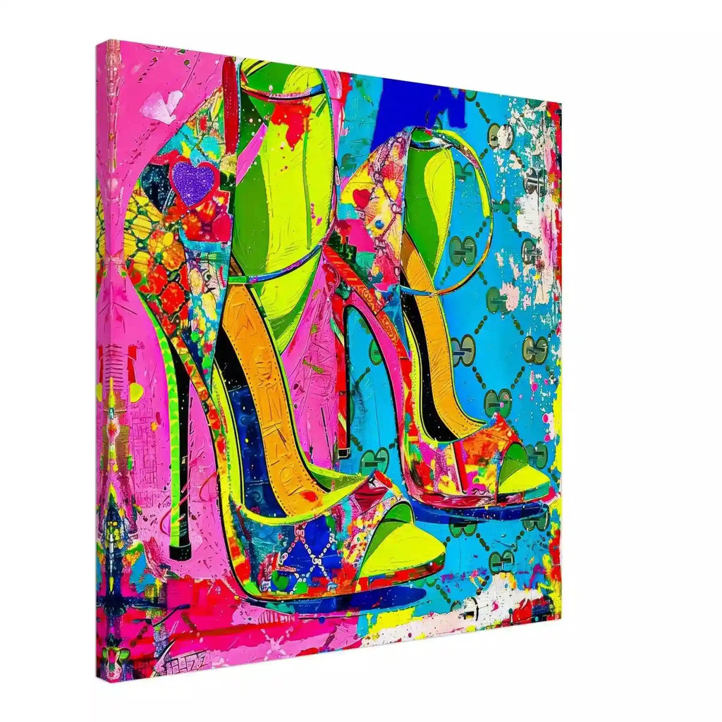 Slim canvas print of High heel shoes against colorful abstract background with splashes of color and shapes, in shades of lime green, hot pink, bright blue, and yellow. Neon Gucci Pumps-Graphique Addictions.