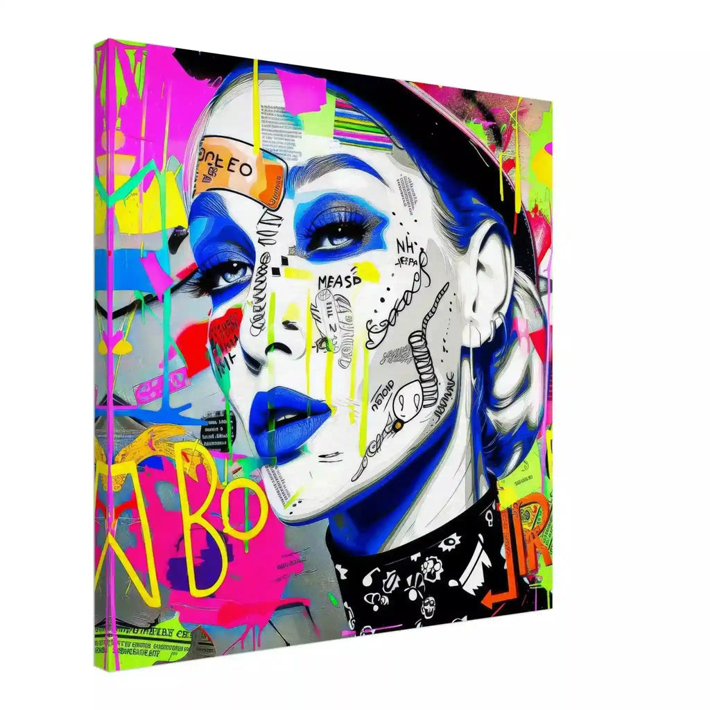Slim canvas print of a close-up of a woman's face covered in vibrant stickers and graffiti, wearing blue lipstick. Neon Noir Vixen-Graphique Addictions.