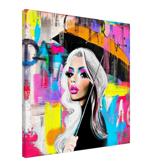 Silver-haired woman holding an orange umbrella against a backdrop of multi-colored dripping graffiti textures. Neon Umbrella Diva slim canvas art print-Graphique Addictions.