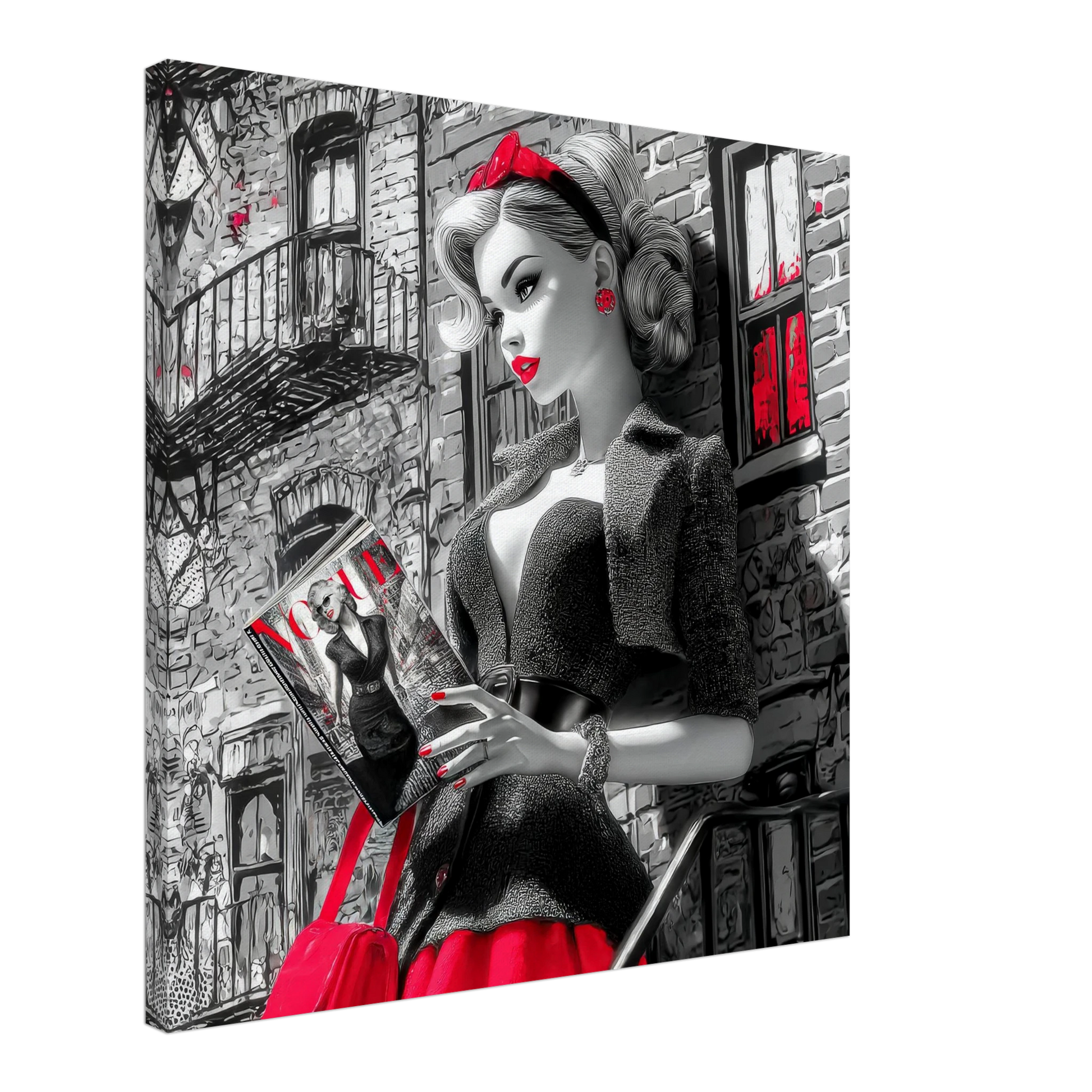 Black and white art of a fashion doll wearing a red skirt and black blazer, on a NYC street corner holding a magazine-slim-24x24-inches-canvas-print-nyc-noir-doll-mockup, Graphique Addictions