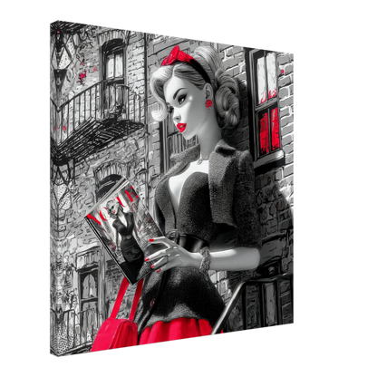 Black and white art of a fashion doll wearing a red skirt and black blazer, on a NYC street corner holding a magazine-slim-24x24-inches-canvas-print-nyc-noir-doll-mockup, Graphique Addictions